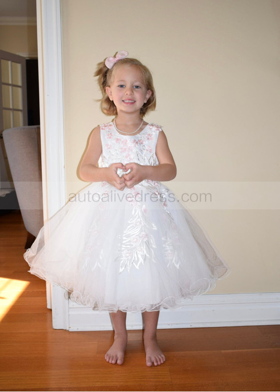 Beaded Pink Embroidery Satin Tulle Flower Girl Dress